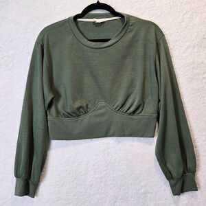 Y2k Womens Crop Sweatshirt Sz L - Army Green Grunge Balletcore
